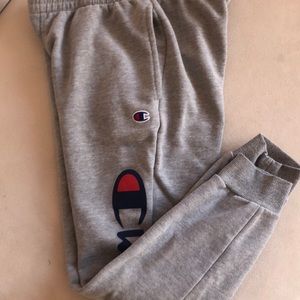 grey red and blue Champion sweatpants